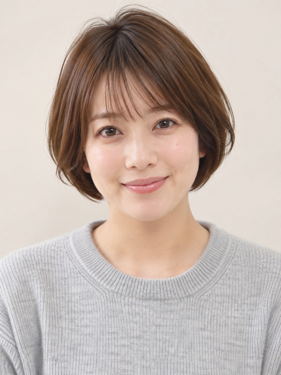 前髪ありふんわりショート×マロンブラウン（正面）